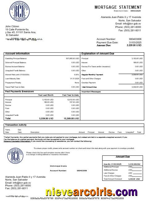 Salvador Banco Central de Reserva mortgage statement